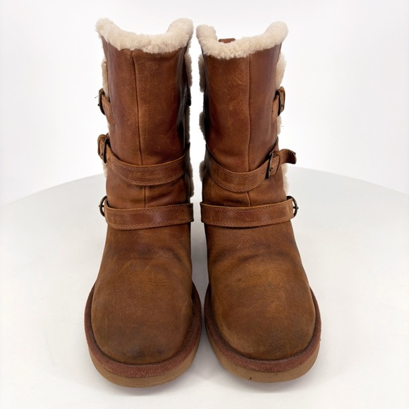 UGG | Becket Leather & Shearling Mid Calf Buckled Boots in Chestnut | Sz 9 - Picture 5 of 14